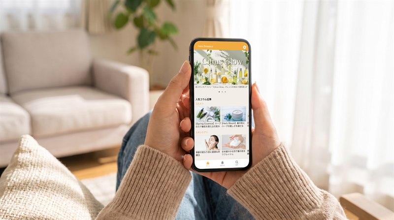 自宅のソファで、スマートフォンのアプリを見ている手元