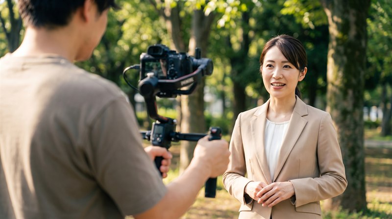 屋外でジンバル付きのカメラを構え、話し手を撮影している様子